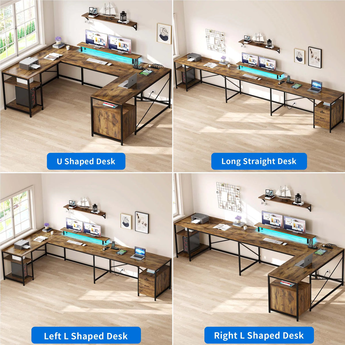 Rustic Brown L Shaped Desk with Power Outlets & LED Lights R482