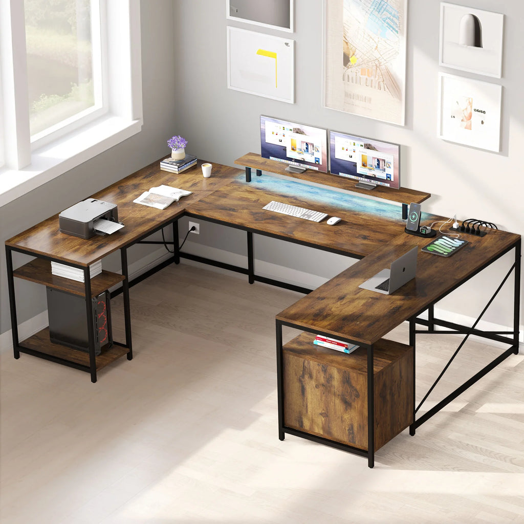 Rustic Brown L Shaped Desk with Power Outlets & LED Lights R482