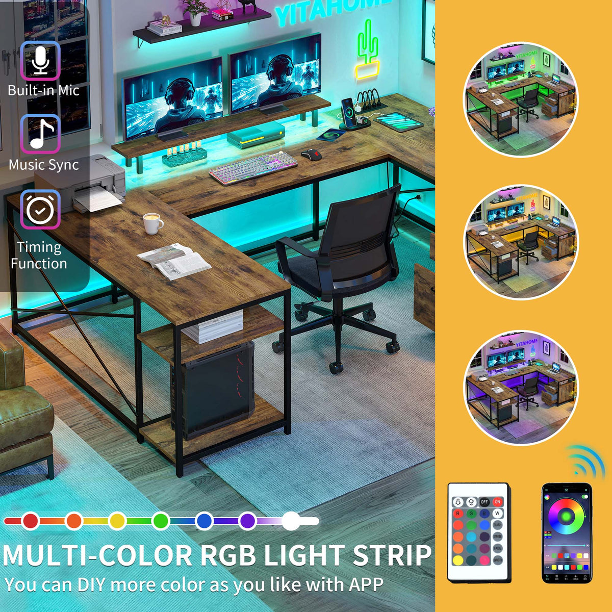 Rustic Brown L Shaped Desk with Power Outlets & LED Lights R482