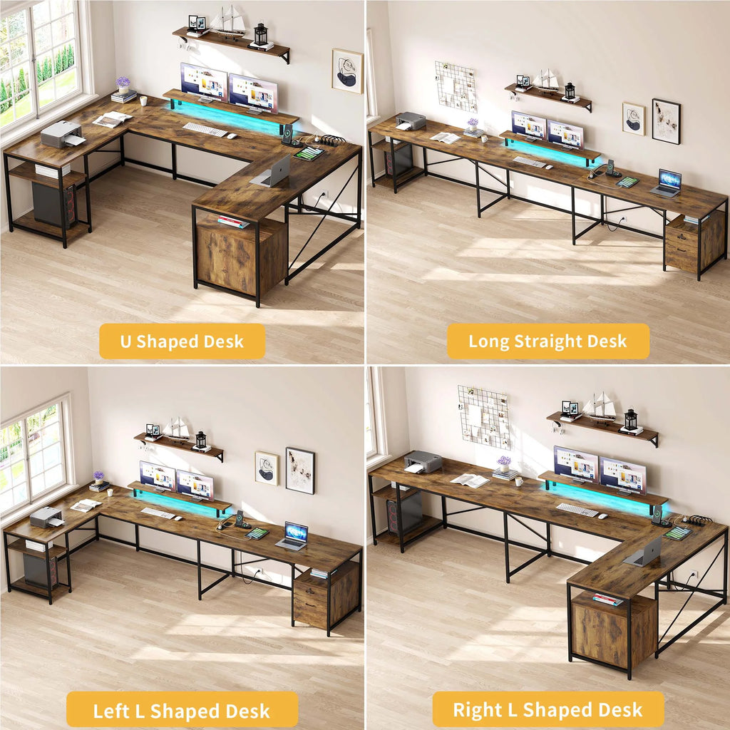 Rustic Brown L Shaped Desk with Power Outlets & LED Lights R482