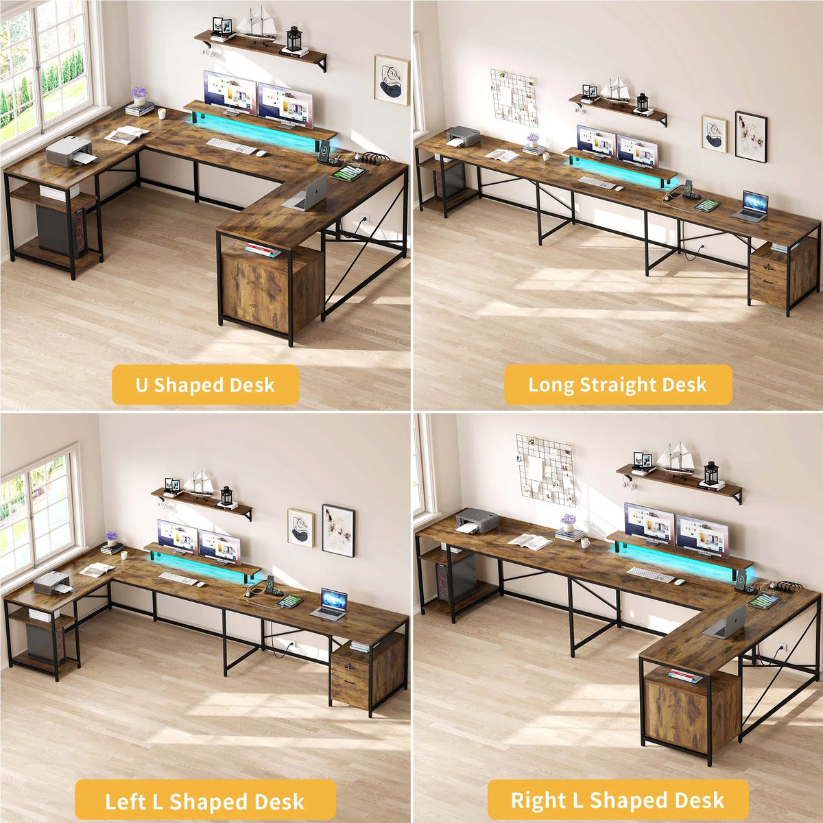 Rustic Brown L Shaped Desk with Power Outlets & LED Lights R482
