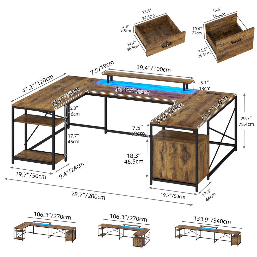Rustic Brown L Shaped Desk with Power Outlets & LED Lights R482